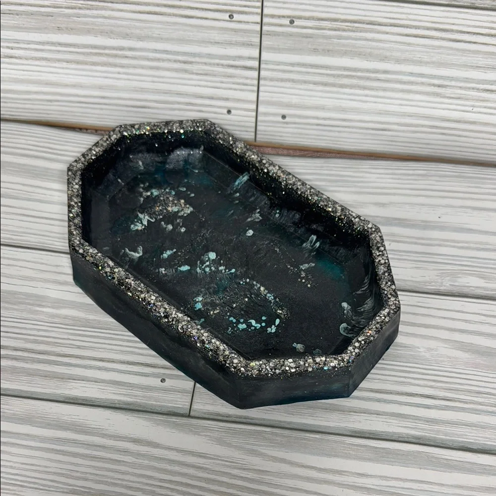 Silver and Blue Vanity Tray with Organic Shape